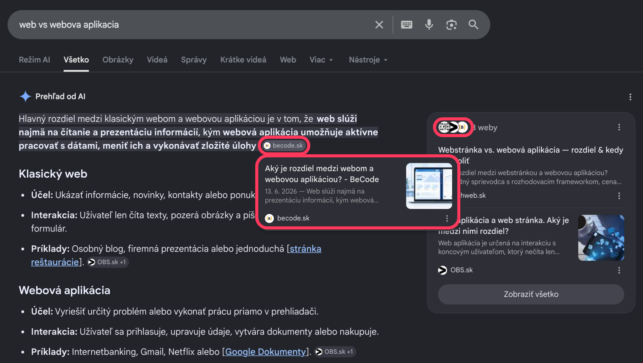 AI Overview citujúci článok „Web vs webová aplikácia“