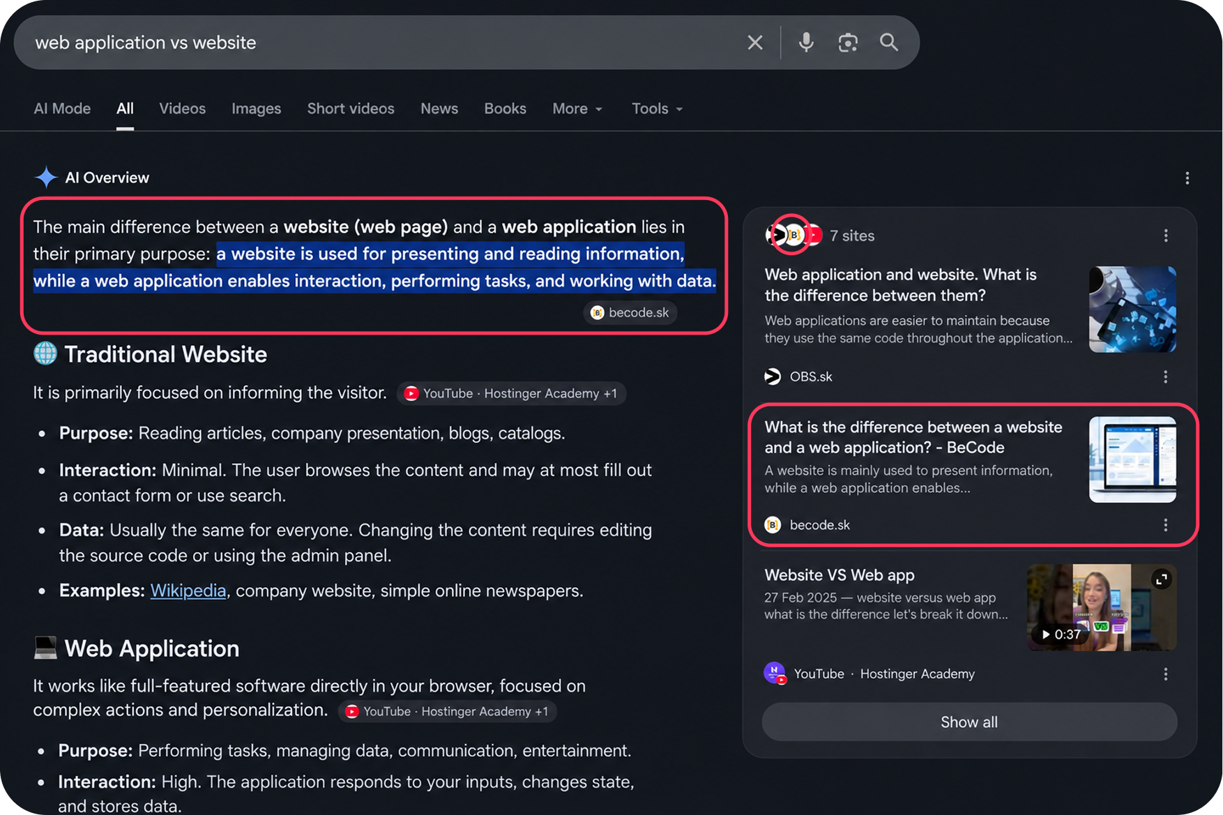 Google search results showing Becode content cited in an AI overview